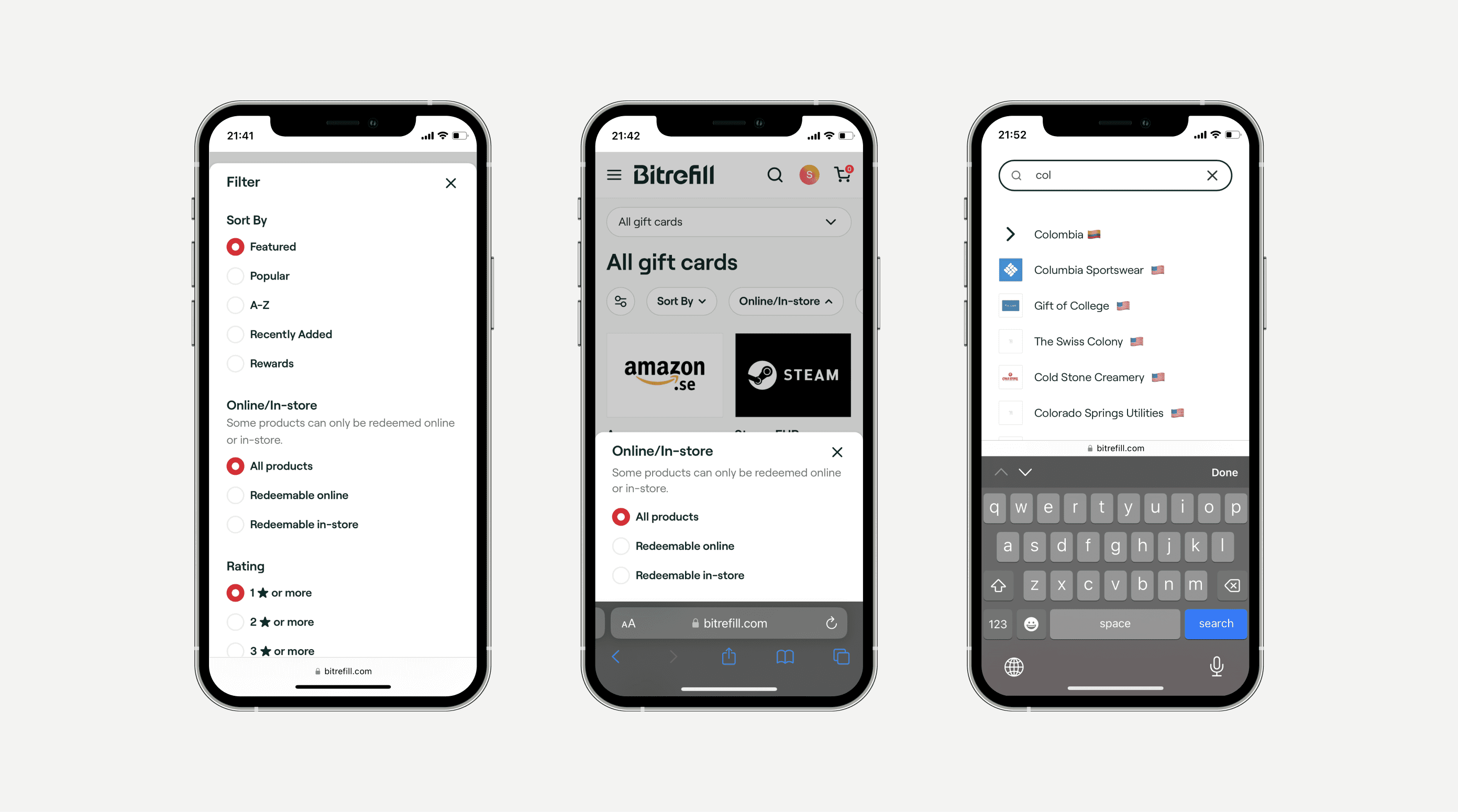 Bitrefill search & filtering on mobile